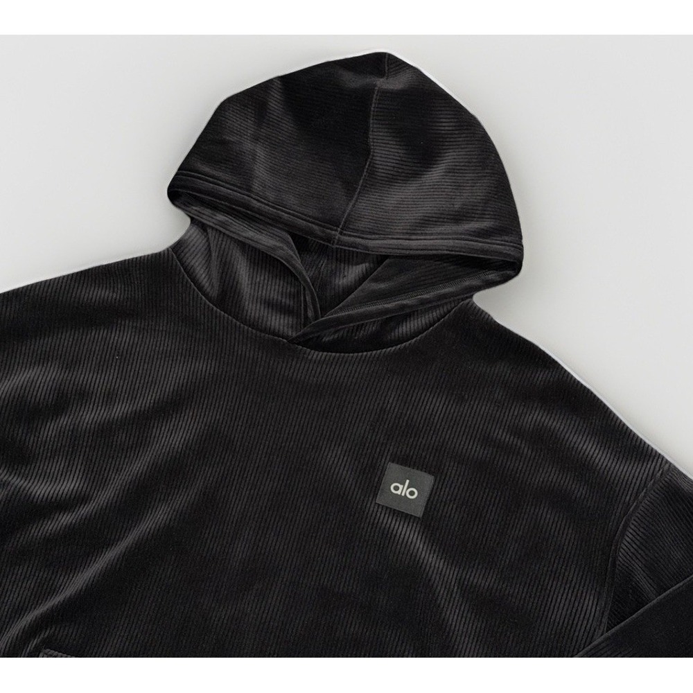 Alo Yoga Baller Hoodie Unisex LARGE Black Ribbed Velour Heavyweight Soft Knit